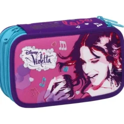 Astuccio triplo scomparto Violetta Disney completo con 43 pezzi