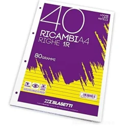 Blocco 40 fogli ricambio per quaderni ad anelli A4 righe