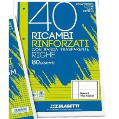 Blocco 40 fogli ricambio rinforzati per copertine ad anelli A4 righe C
