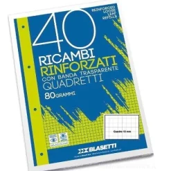 Blocco 40 fogli ricambio rinforzati per copertine ad anelli A4 quadri 1 cm