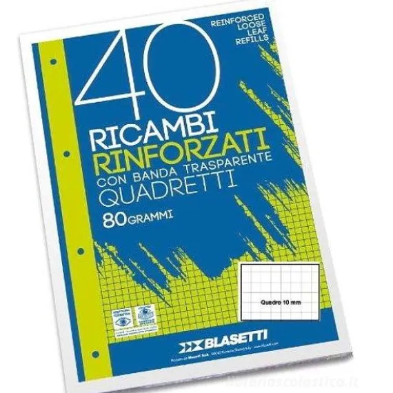Blocco 40 fogli ricambio rinforzati per copertine ad anelli A4 quadri 1 cm