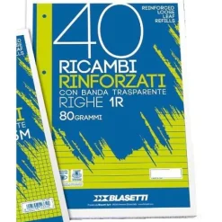 Blocco 40 fogli ricambio rinforzati per copertine ad anelli A5 righe