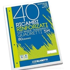 Blocco 40 fogli ricambio rinforzati per quaderni ad anelli A4 quadri 5 mm