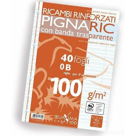 Blocco 40 fogli ricambio rinforzati A4 PignaRic rigatura 0B 3° elementare