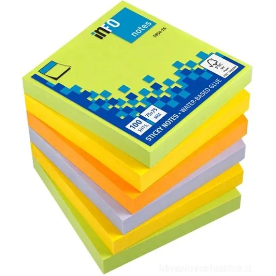 Confezione 6 blocchetti da 100 notes adesivi colorati mm 75x75