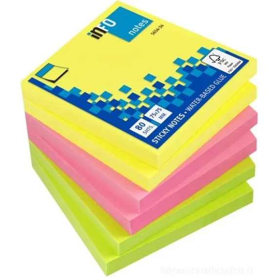 Confezione 6 blocchetti da 100 notes adesivi colorati mm 75x75