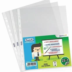 Confezione 25+1 buste trasparenti a foratura universale cm 22x30 finitura liscia