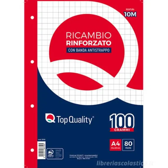 Confezione 80 fogli ricambio rinforzati per quaderni ad anelli A4 quadretti 10mm