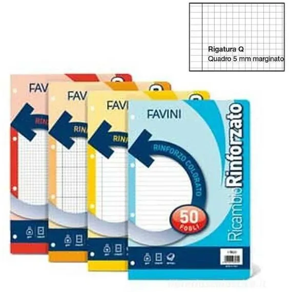 Confezione 40 fogli ricambio rinforzati per quaderni ad anelli A4 quadretti 5mm con margine