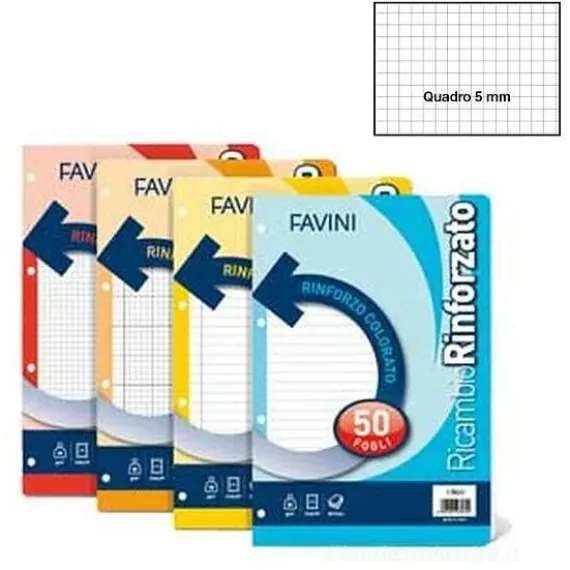 Confezione 40 fogli ricambio rinforzati per quaderni ad anelli A4 quadretti 5mm