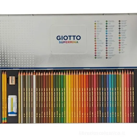 Confezione in metallo 50 pastelli Giotto supermina 1 temperino 1 gomma 2 matite in grafite