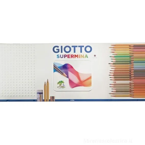 Confezione in metallo 50 pastelli Giotto supermina 1 temperino 1 gomma 2 matite in grafite