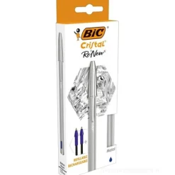 Confezione 1 penna a sfera ricaricabile e 2 refill Bic Cristal Re New colore blu