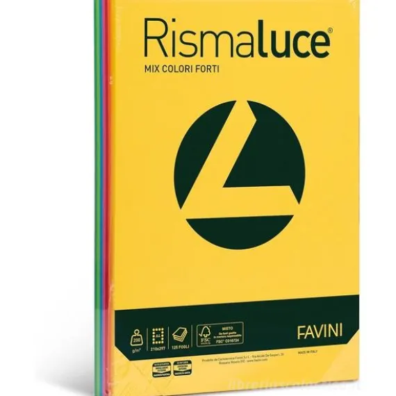 Favini A67X114 Rismaluce Mix Risma da 125 Cartoncini da 200gr assortiti in 8 colori intensi formato A4 (21x29,7 cm) Made in Italy (AZ)